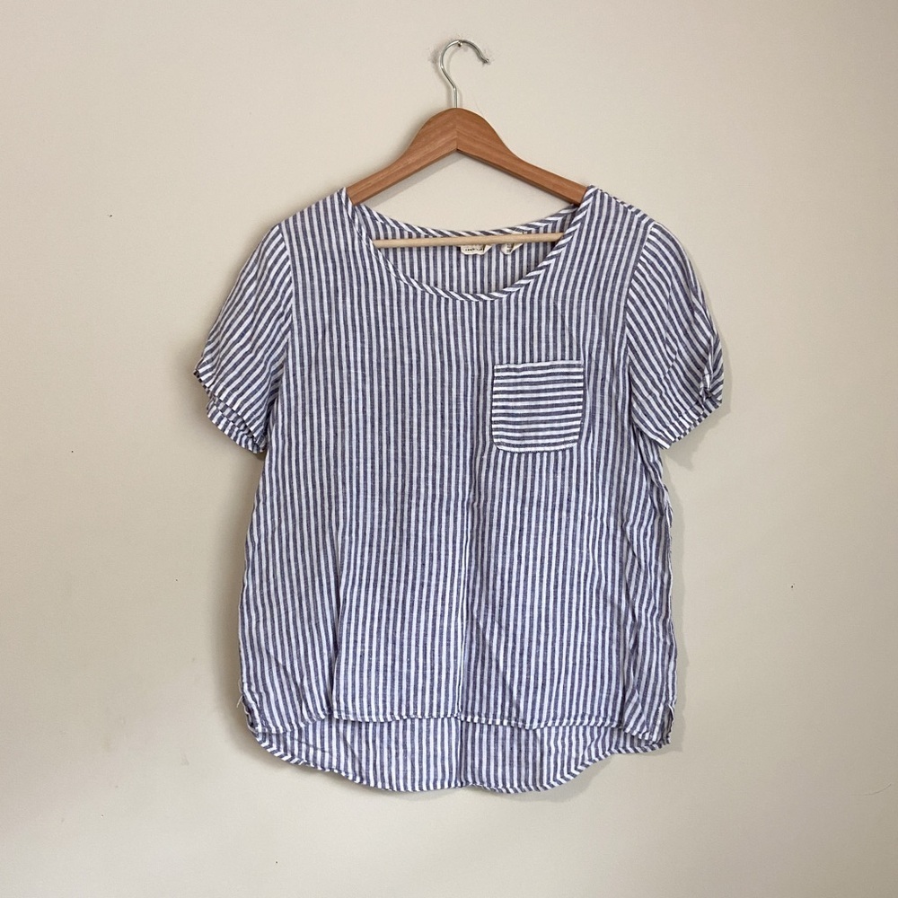 Christian Siriano Linen Blue and White Boxy Blouse